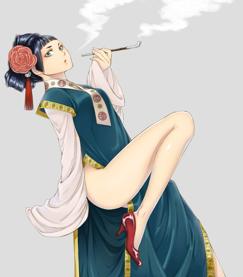 black_hair blue_eyes chinese_clothes chito04 flower grey_background hair_flower hair_ornament high_heels highres kiseru leg_up looking_at_viewer original peony_(flower) pipe shoes short_hair simple_background smoke solo