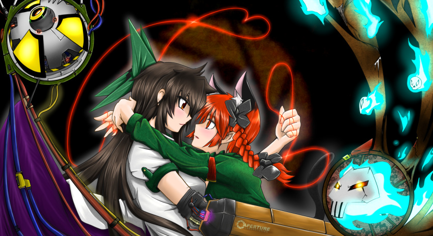 animal_ears aperture_laboratories arm_cannon arm_strap arms_around_neck black_hair bloodycat blouse blush bow braid brown_eyes bust cape cat_ears cat_tail dress extra_ears eye_contact green_dress hair_bow hair_ribbon heart heart_of_string highres hug kaenbyou_rin long_hair looking_at_another machine messy_hair miko_embrace multiple_girls parody pointy_ears portal profile red_eyes red_hair red_string redhead reiuji_utsuho ribbon short_sleeves skull string tail third_eye touhou twin_braids weapon wings yuri