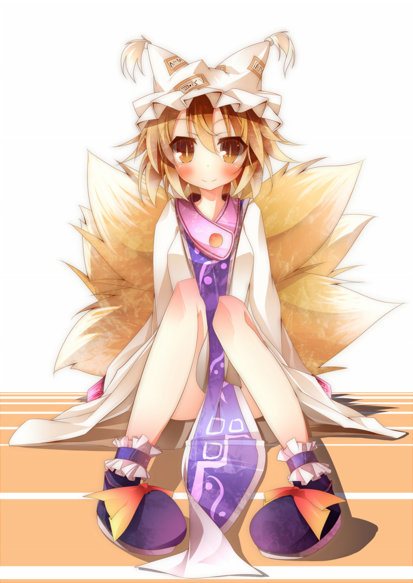 ankle_cuffs ankle_ribbon blonde_hair blush censored convenient_censoring daidai_ookami dress fox_tail hat hat_with_ears highres long_sleeves looking_at_viewer multiple_tails shoes short_hair sitting slit_pupils smile solo tabard tail touhou white_dress wide_sleeves yakumo_ran yellow_eyes