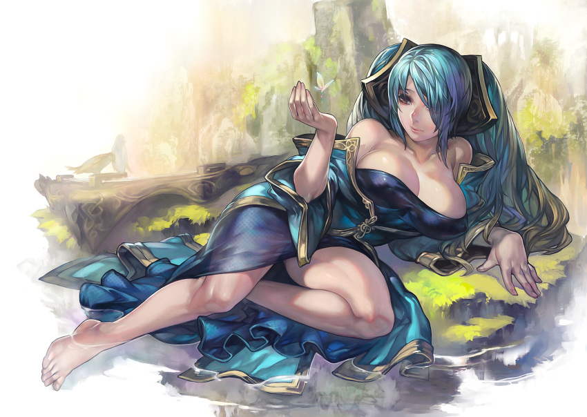 animal aoin_(omegaboost) aqua_hair bare_shoulders barefoot bird birds breasts butterfly cleavage dress erect_nipples feet feet_in_water gradient_hair highres large_breasts league_of_legends long_hair multicolored_hair soaking_feet sona_buvelle twintails very_long_hair water