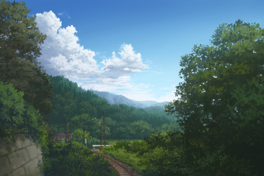 absurdres cloud clouds forest grass highres juuyonkou mountain nature no_humans original railroad_crossing railroad_tracks scenery scenic sky tree