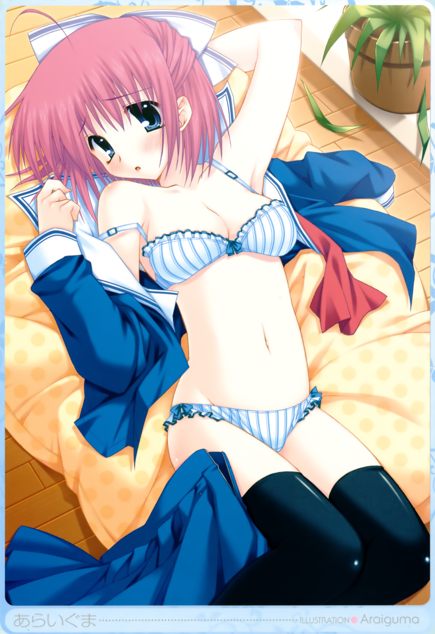 absurdres araiguma black_legwear blue_eyes blush bra breasts cleavage copyright_request frilled_bra frilled_panties frills half_updo highres open_clothes open_shirt panties pantsu pillow pink_hair plant potted_plant shimapan short_hair striped striped_bra striped_panties thigh-highs thighhighs underwear undressing wooden_floor