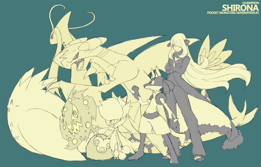 1girl coat crossed_arms garchomp hair_ornament hair_over_one_eye highres lucario milotic monochrome pokemon pokemon_(creature) pokemon_(game) pokemon_dppt roserade shirona_(pokemon) souji spiritomb togekiss