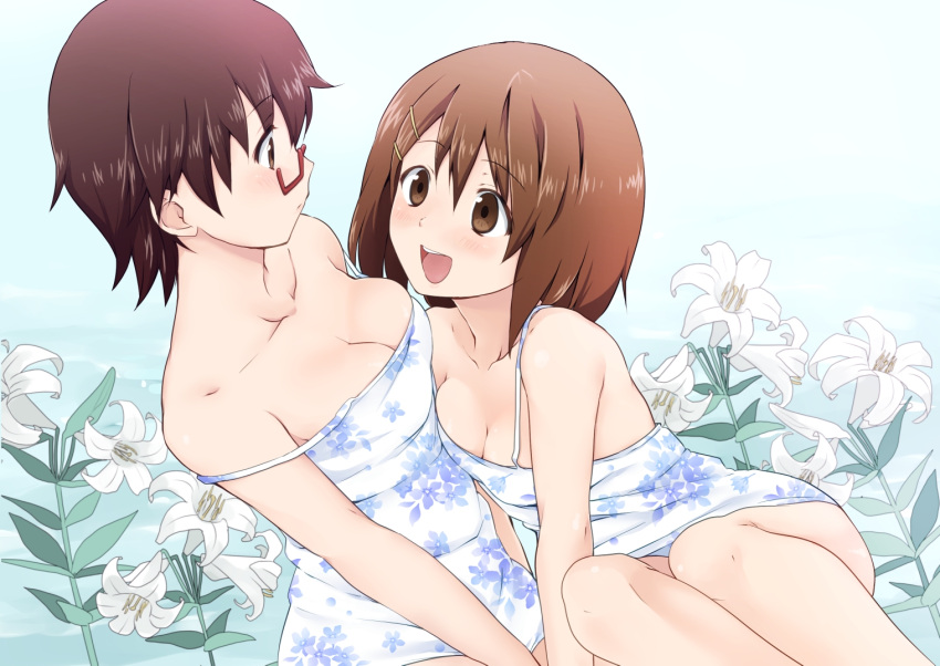 :d bare_shoulders blush breasts brown_eyes brown_hair cleavage collarbone dress ekra floral_print flower glasses hirasawa_yui k-on! looking_at_another manabe_nodoka multiple_girls open_mouth short_hair smile strap_slip