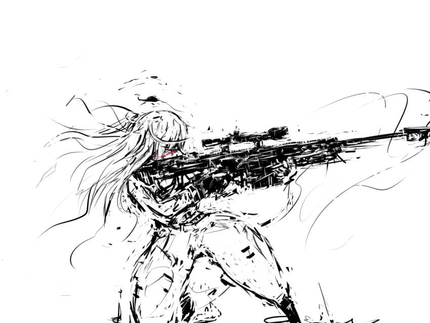 aiming baggy_pants gun infinite_stratos laura_bodewig long_hair merpperoni monochrome one_knee red_eyes rifle scope sniper_rifle solo spot_color weapon