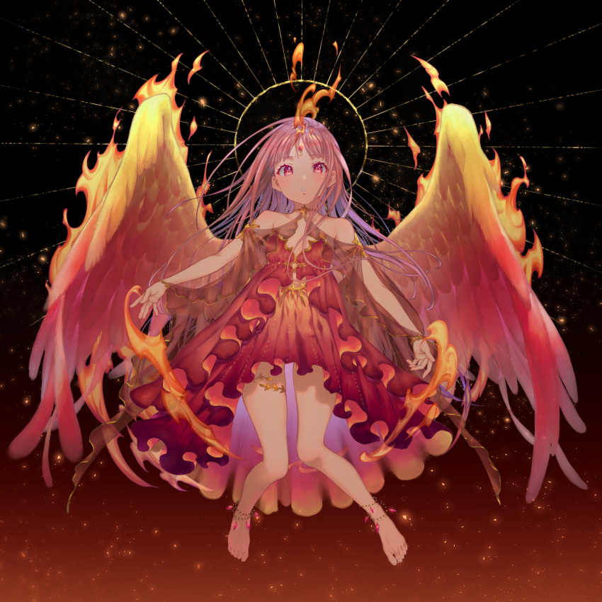 1girl anklet bare_legs bare_shoulders barefoot black_background bomhat commentary dress fire forehead_jewel halo highres jewelry long_hair looking_at_viewer original parted_lips pink_eyes pink_hair red_background red_dress solo sparks toes wings