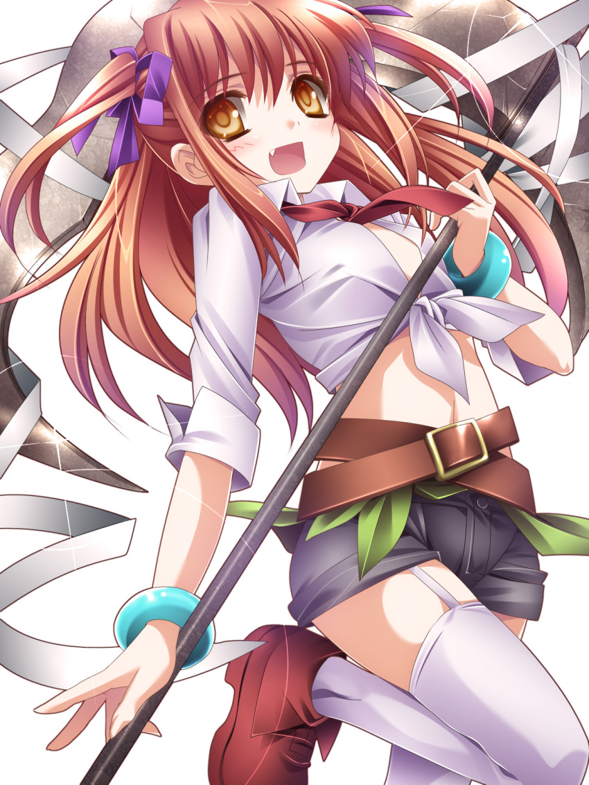 :d bandage bandages belt blush bow bracelet brown_hair copyright_request fang front-tie_top garter_straps hair_bow highres jewelry long_hair midriff moneti_(daifuku) necktie open_mouth scythe shoes short_shorts shorts smile solo thigh-highs thighhighs tied_shirt two_side_up white_legwear yellow_eyes