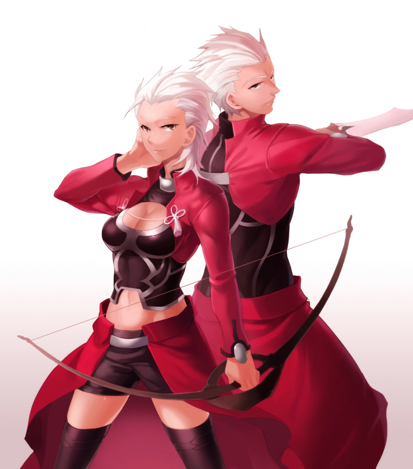 aile archer archerko bow_(weapon) cleavage fate/stay_night fate/zero fate_(series) genderswap white_hair