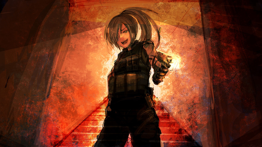armor brown_hair commentary copyright_request gloves green_eyes gun long_hair noconol pistol ponytail see_through smile solo stairs weapon