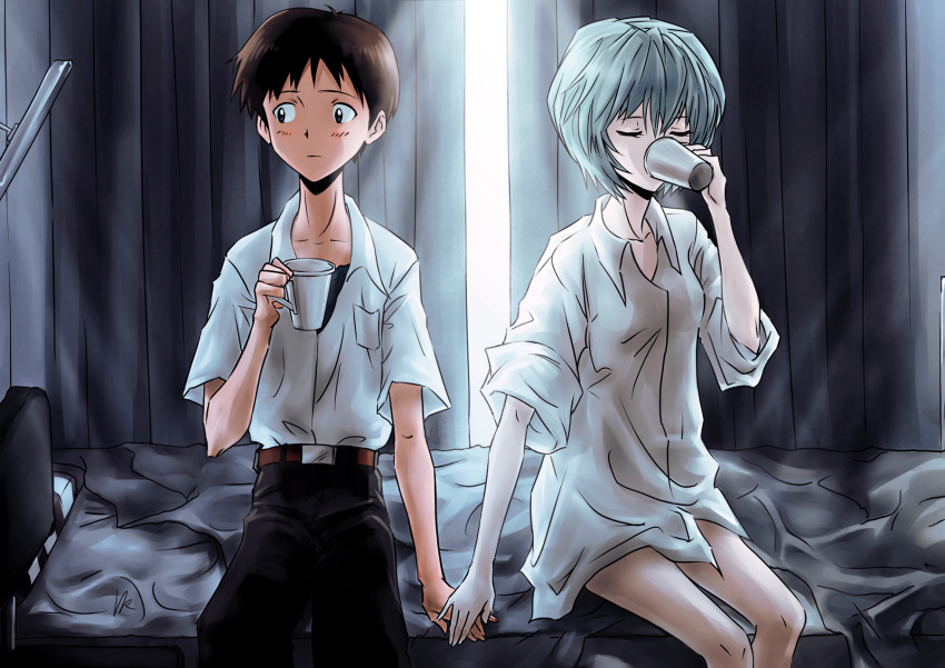 1girl ayanami_rei baileyley bed blush bottomless brown_hair closed_eyes cup drinking eyes_closed hand_holding highres holding_hands ikari_shinji neon_genesis_evangelion no_pants on_bed short_hair signature sitting sleeves_rolled_up