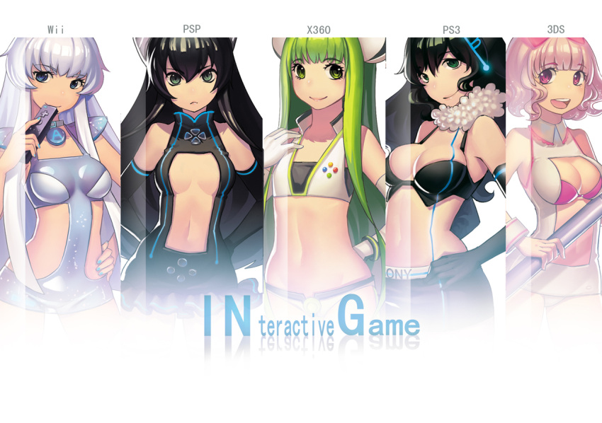 :&lt; :3 animal_ears armpits bangs bare_shoulders black_hair blouse blue_eyes blue_nails bra breasts buttons choker cleavage closed_mouth controller copyright_request crossover double_bun elbow_gloves english eyelashes feather_boa flat_chest game_controller gloves green_eyes green_hair hand_on_own_chest jewelry large_breasts long_hair looking_at_viewer microsoft miniskirt multiple_girls navel necklace nintendo nintendo_3ds open_mouth panties personification pink_eyes pink_hair platform playstation_3 playstation_portable product_placement ribbon saidyiiii short_hair shoulder_pads skirt smile sony staff stylus take_your_pick text underboob underwear very_long_hair video_game weapon white_hair wii wrist_cuffs wristband xbox_360