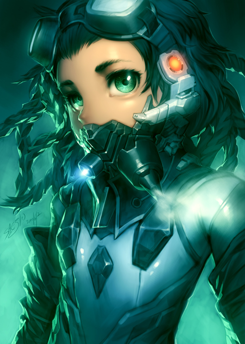 black_hair bodysuit bust goggles green_eyes hairlocs highres looking_at_viewer mask original respirator saejin_oh signature solo