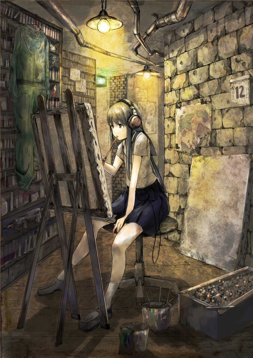 art_brush blonde_hair book bookshelf chair headphones highres koruse light long_hair mouth_hold oekaki_musume original paint_bucket paintbrush shadow sitting skirt socks solo