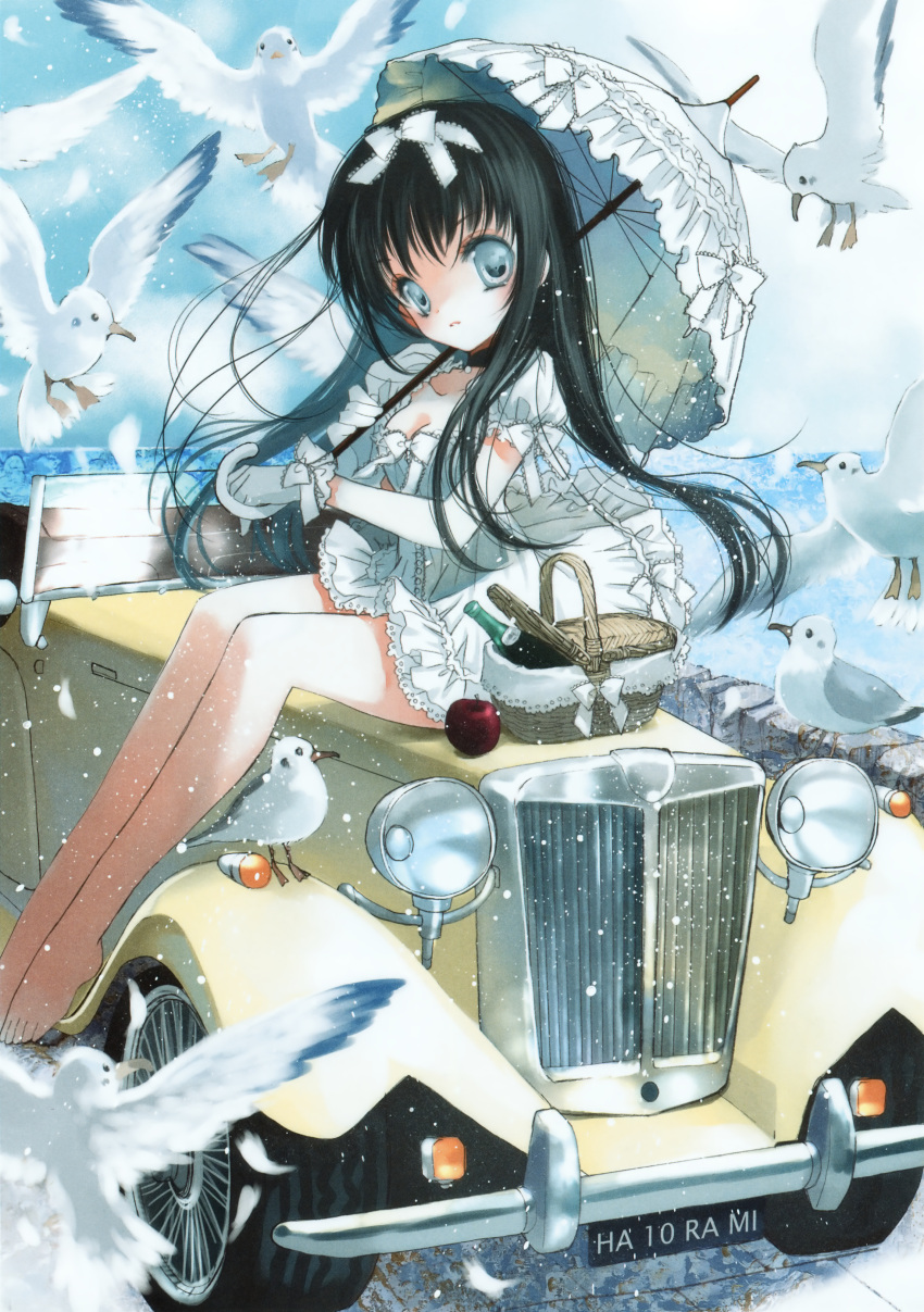 absurdres apple aqua_eyes barefoot bird black_hair bow breasts car cleavage dress food frilled_dress frills fruit hair_bow hato_rami highres legs lolita_fashion megami megami_creators motor_vehicle parasol picnic_basket scan seagull sitting sitting_on_car solo umbrella vehicle white_dress