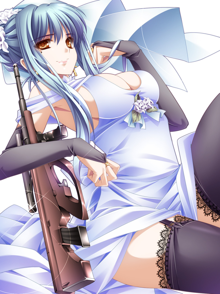 assault_rifle black_legwear blue_hair breasts bridal_gauntlets bullpup cleavage copyright_request earrings garter_straps gun highres jewelry lace lace-trimmed_thighhighs moneti_(daifuku) orange_eyes rifle steyr_aug thigh-highs thighhighs veil weapon