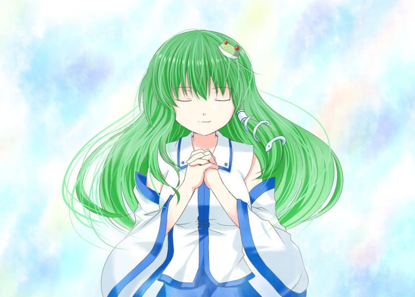 beni_(bluebluesky) closed_eyes detached_sleeves eyes_closed frog_hair_ornament green_hair hair_ornament hair_tubes kochiya_sanae long_hair smile snake_hair_ornament solo touhou wide_sleeves