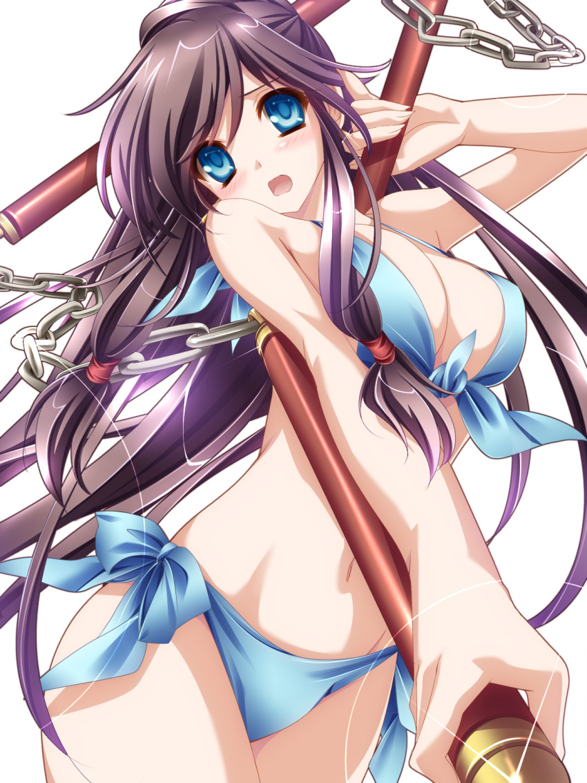 bikini black_hair blue_bikini blue_eyes breasts chain chains cleavage copyright_request d: front-tie_top highres long_hair moneti_(daifuku) open_mouth side-tie_bikini solo swimsuit three_section_staff weapon