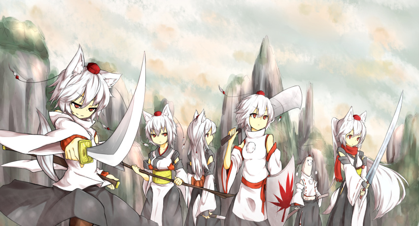 6+girls alpaca animal_ears bare_shoulders detached_sleeves hat highres inubashiri_momiji kourindou_tengu_costume leaf llama long_hair mountain multiple_girls odd_one_out polearm red_eyes ryota_tentei shield short_hair silver_hair smile spear sword tail tokin_hat touhou very_long_hair weapon wolf_ears wolf_tail