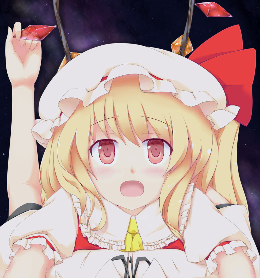 ascot blonde_hair blush coo fang flandre_scarlet hat hat_ribbon highres hug looking_at_viewer multiple_girls night open_mouth pov red_eyes ribbon shameimaru_aya short_sleeves side_ponytail sky touhou wing_grab wings