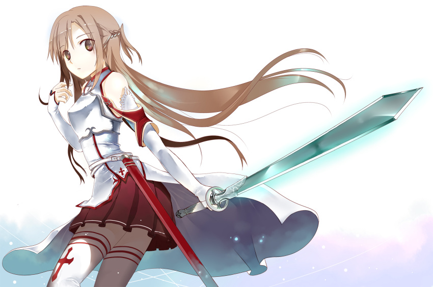 armor asuna_(sao) bare_shoulders blush braid breastplate brown_eyes brown_hair detached_sleeves elbow_gloves highres holding komori long_hair looking_at_viewer scabbard sheath skirt solo sword sword_art_online swordthighhighs thigh-highs thighhighs weapon white_legwear yuuki_asuna zettai_ryouiki