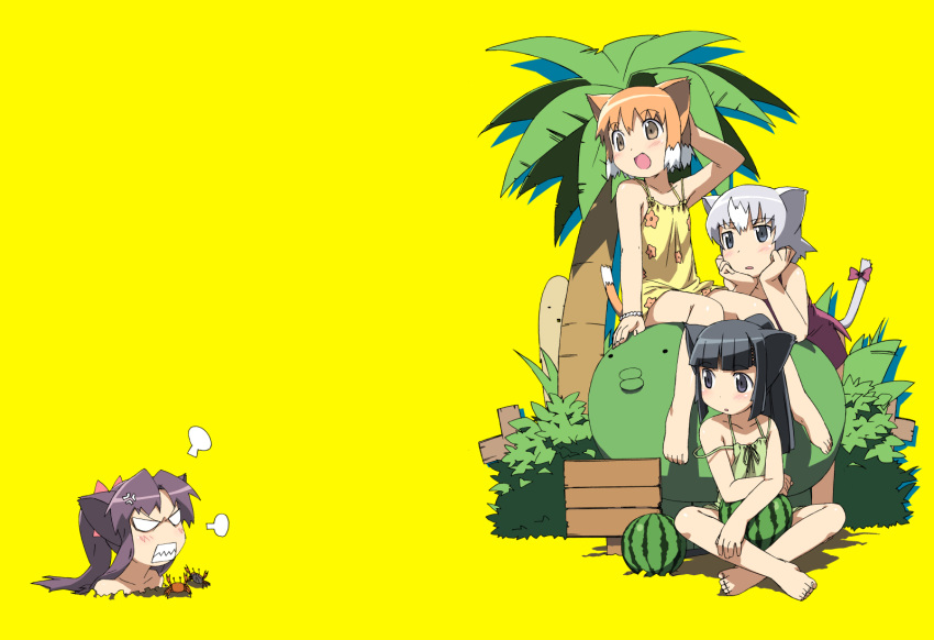 :d anger_vein animal_ears arm_up bare_shoulders barefoot black_eyes black_hair blush bracelet brown_eyes brown_hair buried cat_ears cat_tail chin_rest collarbone crab dress food fruit highres indian_style jewelry kanzaki_hiro long_hair multicolored_hair multiple_girls open_mouth original palm_tree ponytail ribbon sharp_teeth short_hair silver_hair simple_background sitting smile strap_slip tail tail_ribbon tree two-tone_hair watermelon white_hair yellow_background