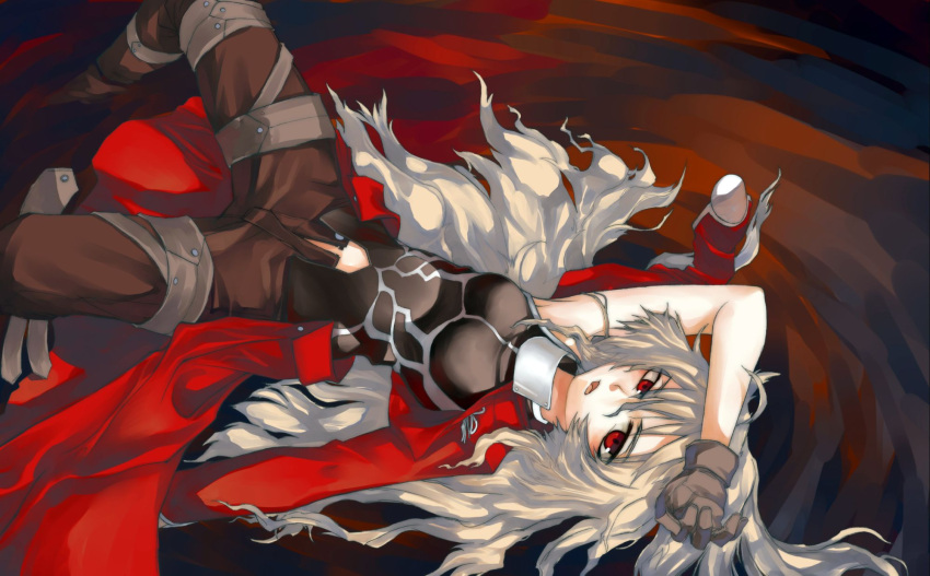 archer archerko fate/stay_night fate_(series) genderswap gloves highres jpeg_artifacts long_hair lying messy_hair midriff open_fly open_mouth ratsuomo red_eyes solo unzipped white_hair