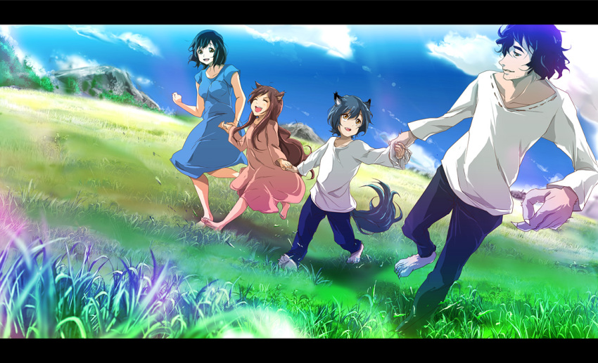 2girls 71 ame_(ookami_kodomo) animal_ears barefoot black_hair blush brown_eyes brown_hair closed_eyes cloud clouds dress eye_contact eyes_closed family father_and_daughter father_and_son grass hana_(ookami_kodomo) hand_holding happy holding_hands letterboxed long_hair looking_at_another mother_and_daughter mother_and_son multiple_boys multiple_girls ookami_kodomo_no_ame_to_yuki ookami_otoko open_mouth running short_hair sky smile tail very_long_hair wolf_ears yuki_(ookami_kodomo)