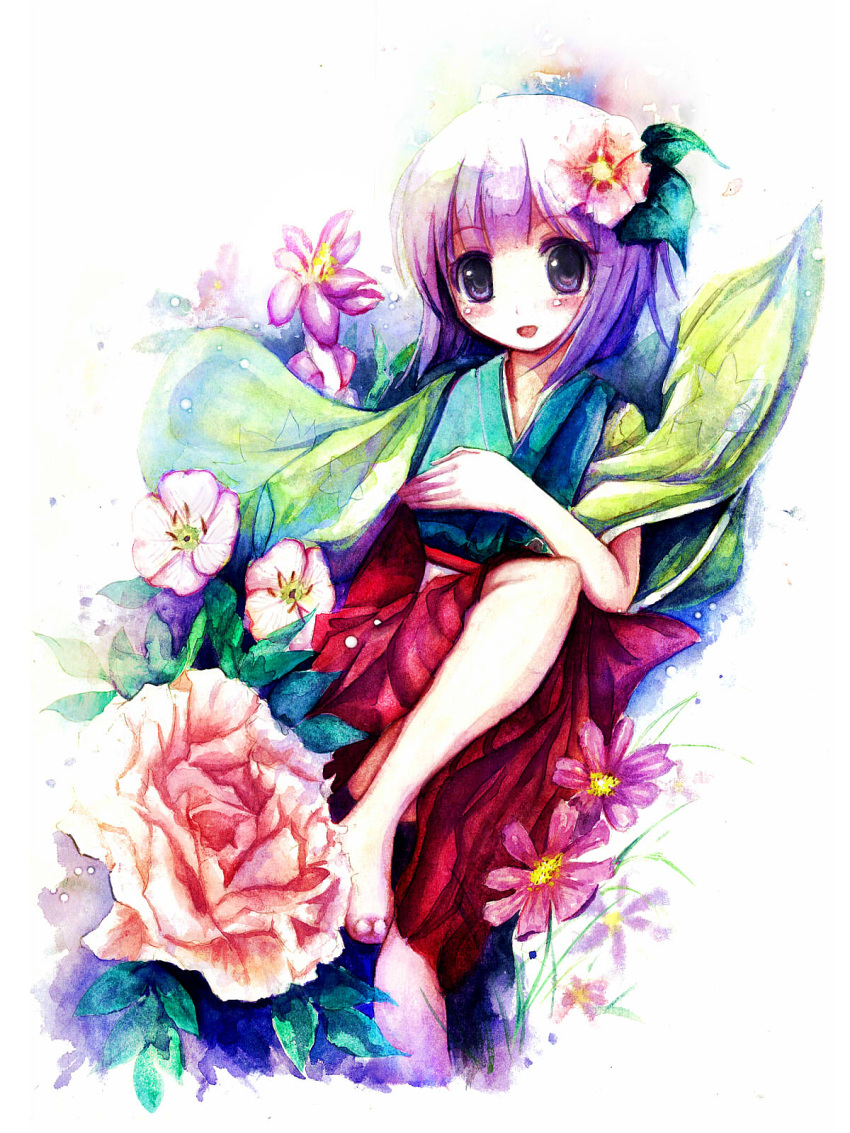 apple228 barefoot blush flower hair_flower hair_ornament hand_on_own_chest hieda_no_akyuu highres japanese_clothes kimono leg_up looking_at_viewer open_mouth purple_eyes purple_hair sash short_hair smile solo touhou traditional_media violet_eyes watercolor_(medium) wide_sleeves