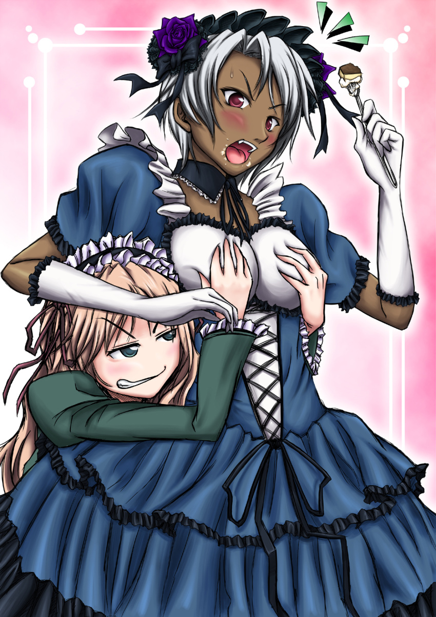 baldr_sky blonde_hair breast_grab breasts cake character_request cream_on_face dark_skin detached_collar eating elbow_gloves food fork gloves gown grabbing_from_behind green_eyes highres large_breasts maid_headdress multiple_girls noi(baldr_sky) red_eyes shizel(baldr_sky) short_hair silver_hair tal_yuji white_gloves