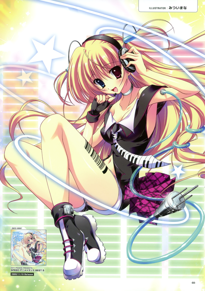 :d absurdres barcode blonde_hair blue_eyes breasts cleavage dress exit_tunes hair_tubes headphones headset heterochromia highres inset mitsui_mana open_mouth plug purple_eyes short_shorts shorts sleeveless smile two_side_up violet_eyes
