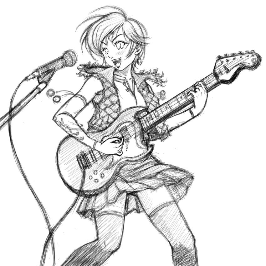 alternate_costume detached_sleeves earrings eileen electric_guitar guitar highres instrument jewelry microphone microphone_stand miniskirt monochrome open_mouth open_vest short_hair skirt tal_yuji thigh-highs thighhighs vest virtua_fighter virtua_fighter_5 virtua_fighter_5:_final_showdown