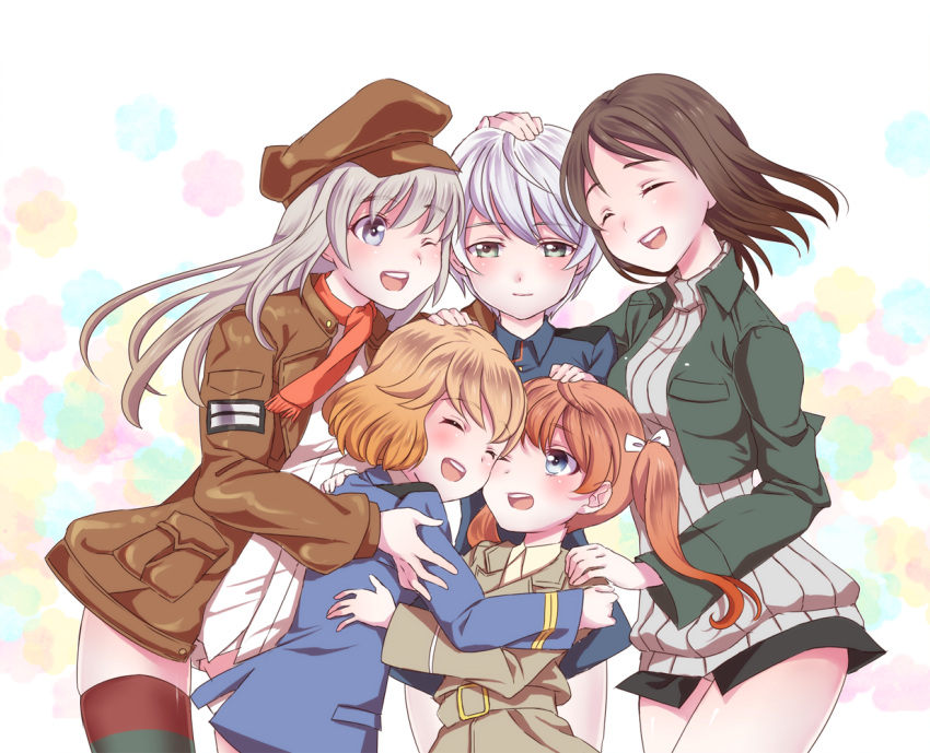 amelie_planchard blue_eyes brown_hair closed_eyes eyes_closed francie_gerard green_eyes hair_ribbon hand_on_head hat hug kadomaru_misa laura_toth military military_uniform multiple_girls no_pants open_mouth orange_hair panties pomery ribbed_sweater ribbon silver_hair smile strike_witches striped striped_legwear sweater thigh-highs thighhighs twintails underwear uniform wilma_bishop wink