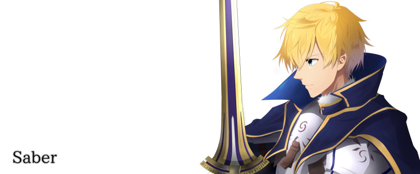 1boy absurdres armor arthur_pendragon_(fate) bangs blonde_hair blue_cape breastplate cape choco_(chocovix112) excalibur_(fate/prototype) eyebrows_visible_through_hair fate/prototype fate_(series) green_eyes hair_between_eyes highres looking_away male_focus pixiv_fate/grand_order_contest_2 profile simple_background solo white_background