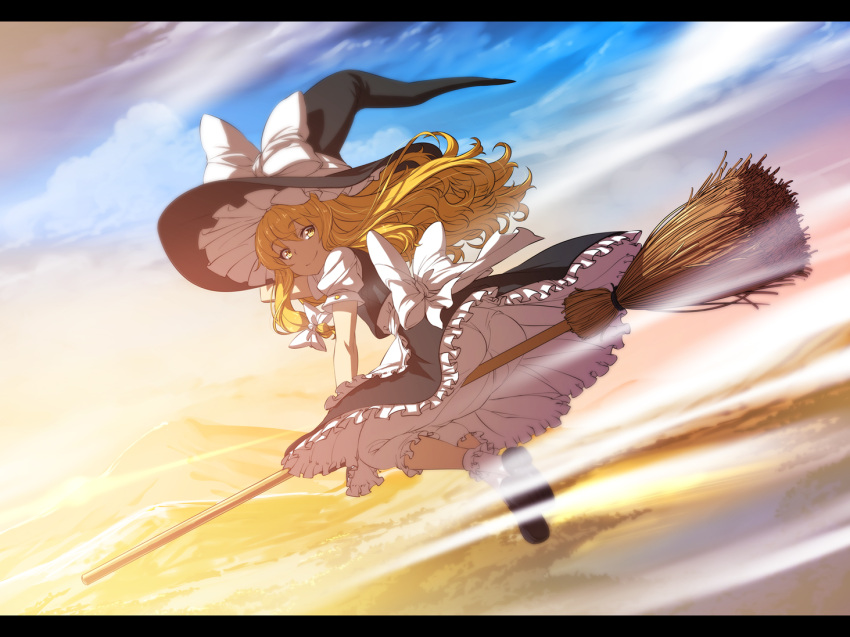 blonde_hair bloomers bow broom broom_riding flying hair_bow hat heart heart_necklace kirisame_marisa letterboxed long_hair nekomamire sitting smile solo touhou witch_hat yellow_eyes