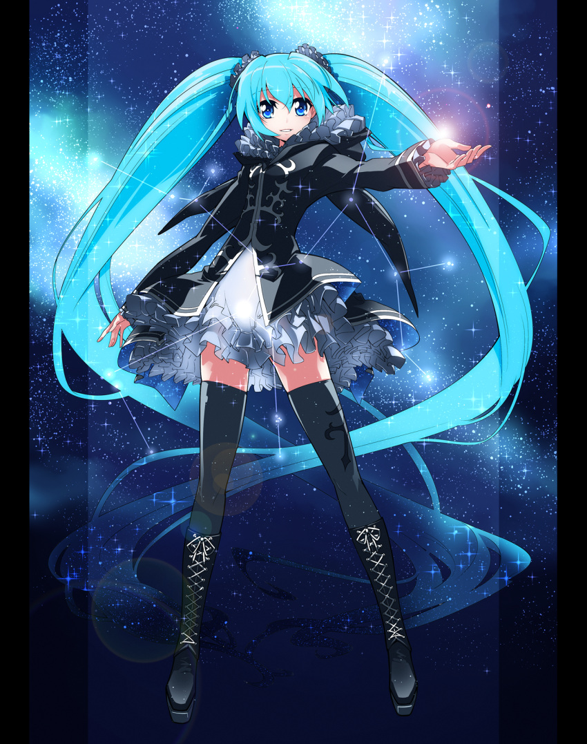 aqua_hair black_legwear blue_eyes boots constellation cross-laced_footwear dress hatsune_miku highres knee_boots lace-up_boots lens_flare long_hair outstretched_arm pillarboxed skindentation solo star thigh-highs thighhighs toda_youkon twintails very_long_hair vocaloid