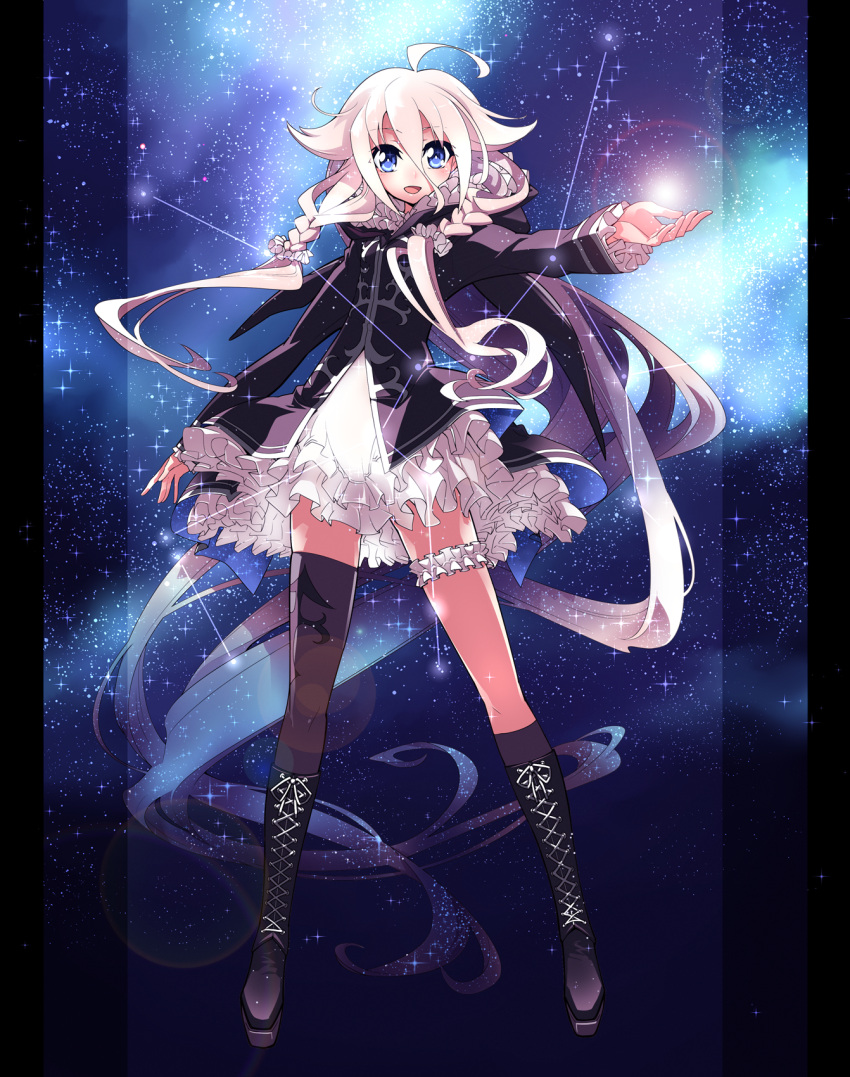 blue_eyes boots cross-laced_footwear garters highres ia_(vocaloid) knee_boots lace-up_boots long_hair mismatched_legwear outstretched_arm solo thigh-highs thighhighs toda_youkon very_long_hair vocaloid