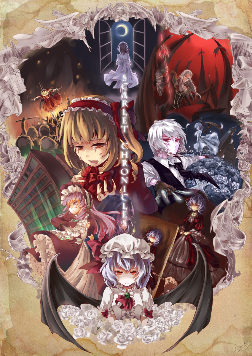 4girls absurdres alternate_costume alternate_headwear angel ascot bat_wings blonde_hair blood blood_on_face bloody_hands blue_hair braid brooch brown_gloves brush coat cross crowd crying death_(entity) dress far_eastern_funion flandre_scarlet flower gloves graveyard hair_ribbon hairband hat hat_ribbon highres izayoi_sakuya jewelry knife long_hair moon multiple_girls nighrt night no_hat no_headwear open_mouth outstretched_arm painting painting_(object) patchouli_knowledge polearm purple_eyes purple_hair raised_fist red_dress red_eyes remilia_scarlet ribbon rose scarlet_devil_mansion scythe shirt short_hair side_ponytail silver_hair smile spear stake touhou twin_braids vest violet_eyes weapon white_dress white_rose wings