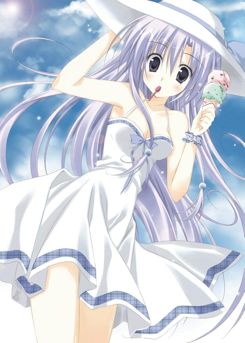 breasts casual cleavage copyright_request dress food hat highres ice_cream ice_cream_cone korie_riko legs long_hair mouth_hold purple_eyes purple_hair sky spoon summer_dress sundress violet_eyes