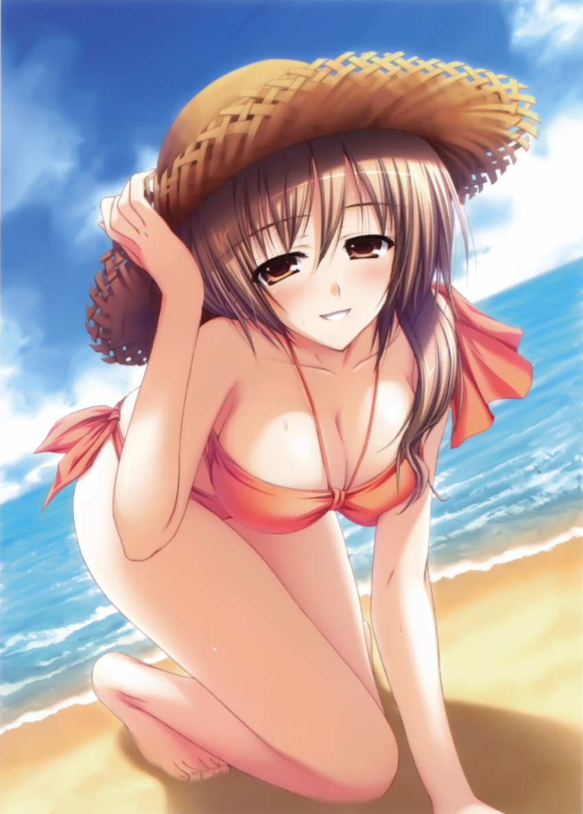 :d bandeau barefoot beach bikini boku_to_gonee_to_umi_no_year!! breast_press breasts brown_eyes brown_hair cleavage collarbone dutch_angle halterneck hand_on_hat hat highres leaning_forward mizugi nanami_shiori ocean open_mouth overfiltered sand side-tie_bikini sky smile straw_hat sun_hat swimsuit tomose_shunsaku