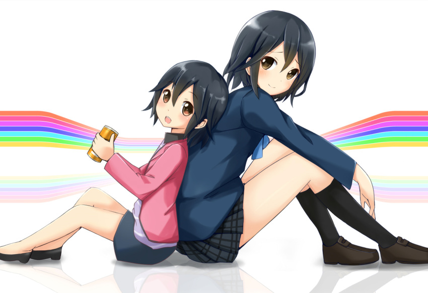 2girls back-to-back black_hair black_legwear brown_eyes can dual_persona holding inaba_himeko kneehighs kokoro_connect leaning_back leaning_forward looking_at_viewer multiple_girls ok-ray open_mouth plaid plaid_skirt pleated_skirt school_uniform short_hair sitting skirt smile time_paradox young