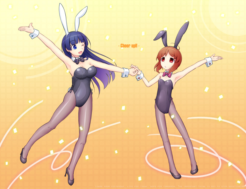 animal_ears blue_eyes blue_hair bowtie brown_hair bunny_ears bunny_tail bunnysuit detached_collar english long_hair multiple_girls mumyoudou original pantyhose rabbit_ears red_eyes short_hair tail wink wrist_cuffs