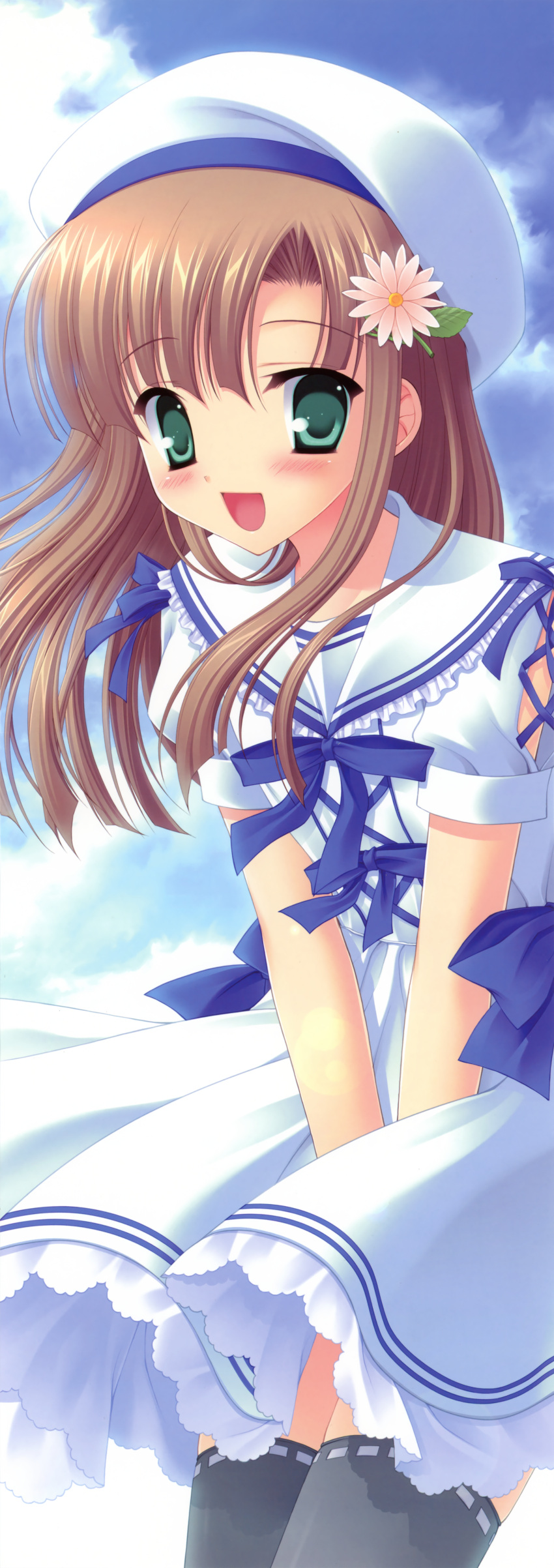 :d absurdres black_legwear blush brown_hair copyright_request dress fixed flower green_eyes hair_flower hair_ornament hat highres huge_filesize long_image open_mouth sailor_dress school_uniform smile stick_poster tall_image tanihara_natsuki thigh-highs thighhighs