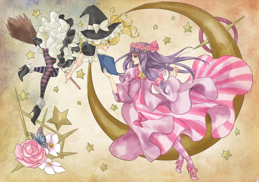 2girls book broom broom_riding butterfly cloak crescent_moon dress flower hat high_heels highres kirisame_marisa moon multiple_girls no_hat no_headwear open_book pantyhose patchouli_knowledge pink_rose reading rose shoes sitting star striped striped_dress striped_legwear touhou wind witch witch_hat wreath yellow_rose
