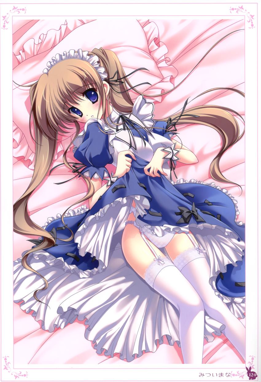 absurdres bed blue_eyes brown_hair copyright_request garter_belt highres lace lace-trimmed_thighhighs lying maid maid_headdress mitsui_mana panties pantsu pillow skirt skirt_lift stockings thigh-highs thighhighs twintails underwear white_legwear white_panties wrist_cuffs