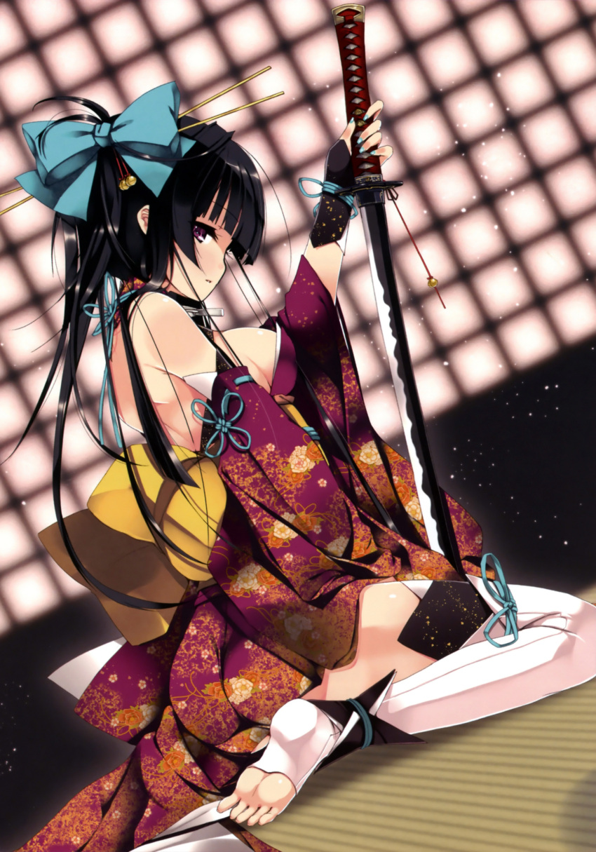 absurdres ankle_wraps aqua_nails bangs bare_shoulders barefoot bell black_hair blunt_bangs bow breasts detached_sleeves dutch_angle feet fingernails floral_print hair_bell hair_bow hair_ornament hair_stick highres japanese_clothes katana kimono long_fingernails long_hair looking_at_viewer nail_polish obi original parted_lips ponytail purple_eyes refeia scan sideboob sitting soles solo sword thigh-highs thighhighs toeless_legwear toeless_socks toes violet_eyes wariza weapon white_legwear