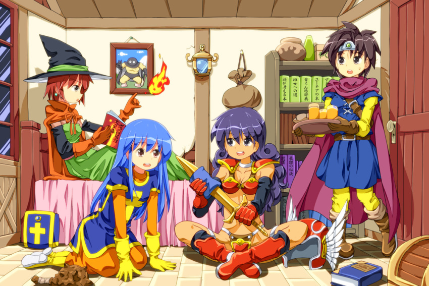 1boy 3girls bed blue_hair character_request dragon_quest dragon_quest_iii fire hat long_hair multiple_girls purple_hair red_eyes short_hair sitting smile sword tsurukou_(tksymkw) weapon witch_hat