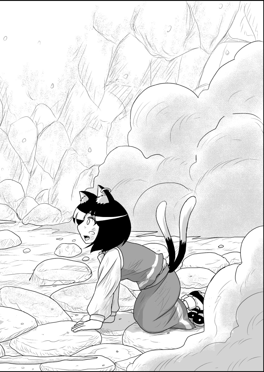 all_fours animal_ears cat_ears cat_tail chen comic earrings gonnzou greyscale highres jewelry kneeling monochrome multiple_tails short_hair tail touhou translation_request