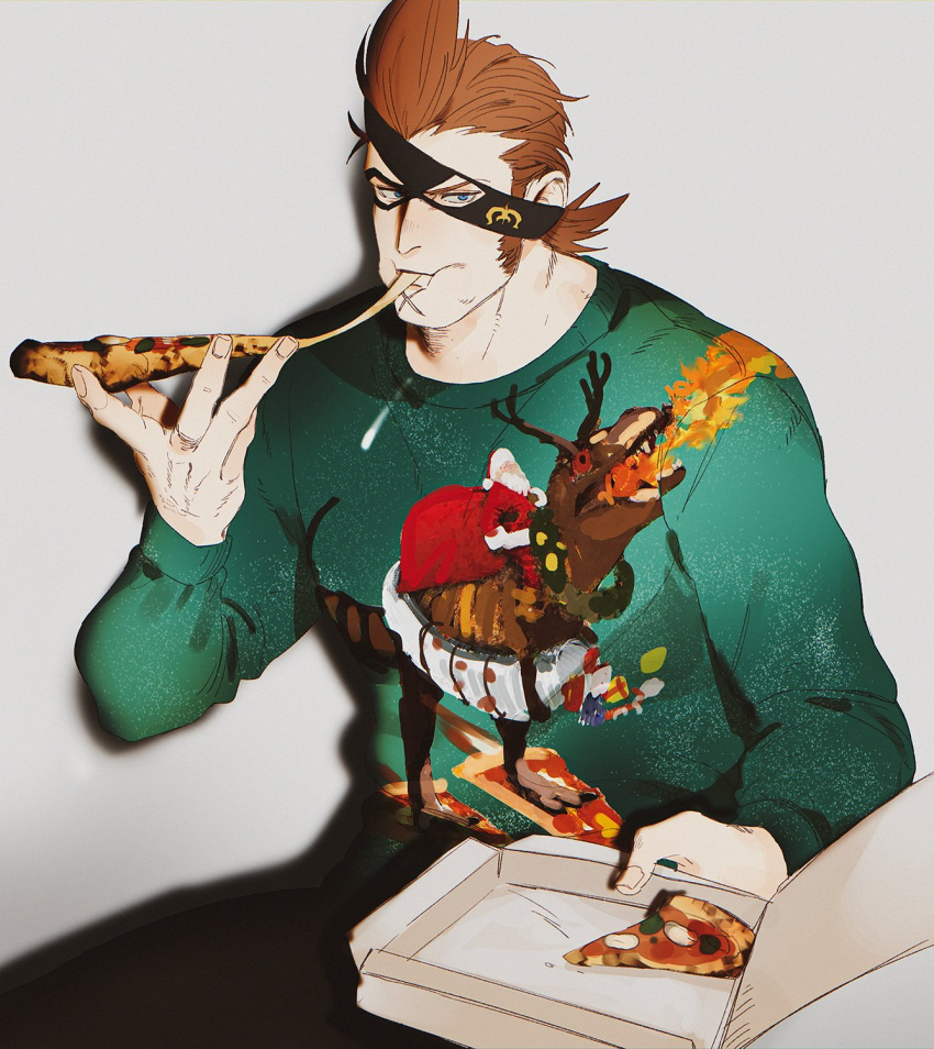 1boy alternate_costume black_pants brown_hair eating eyepatch feet_out_of_frame food green_sweater hair_slicked_back highres holding holding_food holding_pizza jewelry long_sideburns looking_at_viewer male_focus mask one_piece pants pectorals pizza reindeer_print ring short_hair sideburns sitting solo sosogi_(qtgejyrkhrng4jk) spiky_hair sweater toned toned_male x_drake