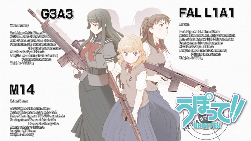 battle_rifle belt black_hair blonde_hair blue_eyes bow bowtie brown_eyes brown_hair character_name fal_(upotte!!) fn_fal g3 g3a3_(upotte!!) gun highres long_hair long_skirt m14 m14_(upotte!!) multiple_girls official_art pleated_skirt rifle school_uniform screencap serafuku short_hair skirt sweater_vest takami_akio title_drop upotte!! weapon