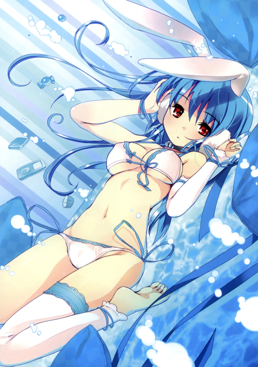 absurdres animal_ears anklet bare_shoulders barefoot bikini blue_hair breasts bunny_ears choker cleavage detached_sleeve digital_media_player dutch_angle earmuffs feet front-tie_top hands_on_earmuffs highres jewelry long_hair looking_at_viewer lying navel on_back original parted_lips partially_submerged rabbit_ears red_eyes refeia scan side-tie_bikini single_sleeve single_thighhigh soles solo swimsuit thigh-highs thighhighs toeless_legwear under_boob underboob water white_bikini white_legwear wrist_ribbon wristband